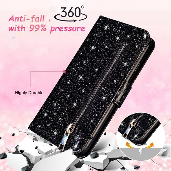 Étui Bookcase à Glitter Convient pour : Samsung Galaxy A54 avec fermeture éclair - étui - étui portefeuille - Zwart - ZT Accessoires