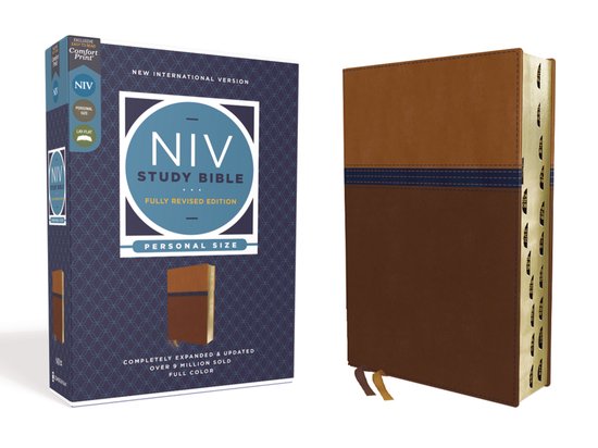 NIV Study Bible, édition entièrement révisée, taille personnelle, leathersoft marron/bleu, avec lettres rouges et index. La couverture est marron avec une bande bleue et des pages dorées.