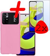Hoes Geschikt voor Xiaomi Poco M4 Pro 5G Hoesje Siliconen Back Cover Case Met 2x Screenprotector - Hoesje Geschikt voor Xiaomi Poco M4 Pro 5G Hoes Cover Hoesje - Lichtroze
