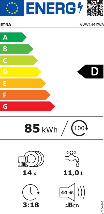 Energielabel van vaatwasser: Klasse D, 85 kWh/100 cycli, 14 couverts, 11L water, 44dB.