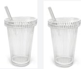 Drinkglas, gecanneleerd kristalglas, set van 2, inmaakglas met drinkrand en rietje, brede opening, drinkbeker voor sap, melk, koffie 2 stuks