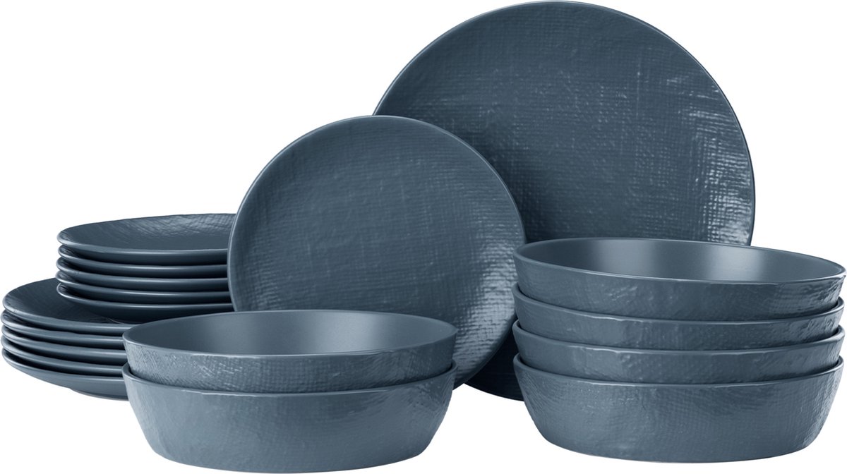 Navaris aardewerk servies voor 6 personen Serviesset 18-delig Compact en stapelbaar bordenset Magnetron en vaatwasserbestendig Blauw