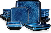 Gran Vida® - Service de table 16 pièces - Design carré moderne avec vernis réactif Uniek - Céramique - Convient pour 4 personnes - Blauw