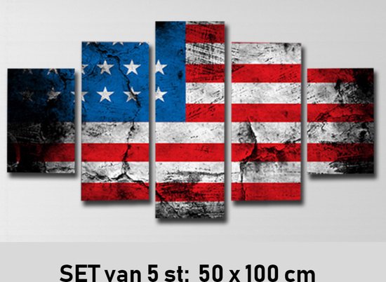 Allernieuwste.nl® SET van 5 st Canvas Schilderij Amerikaanse Vlag Stars and Stripes - Kunst aan je Muur - Realistisch - Rood Blauw Wit - SET van 5 - 50 x 100 cm