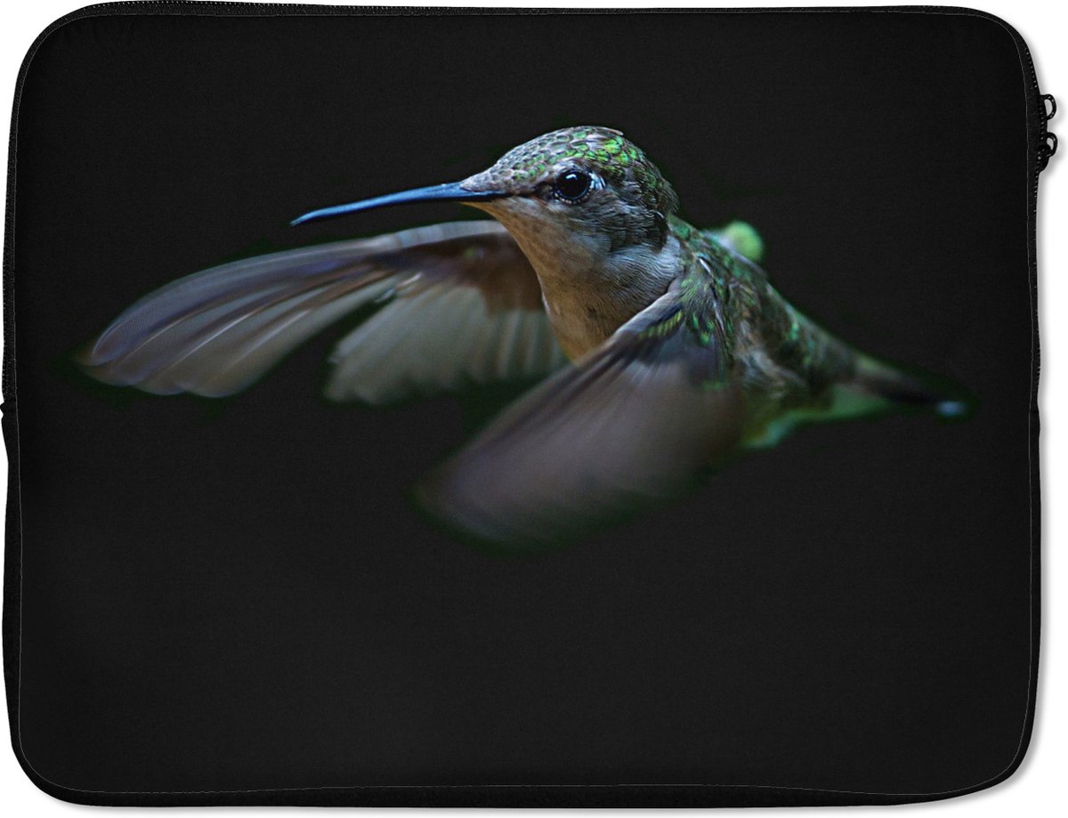 Laptophoes 15.6 inch - Kolibrie - Vogel - Veren - Zwart - Laptop sleeve - Binnenmaat 37x26 cm - Zwarte achterkant