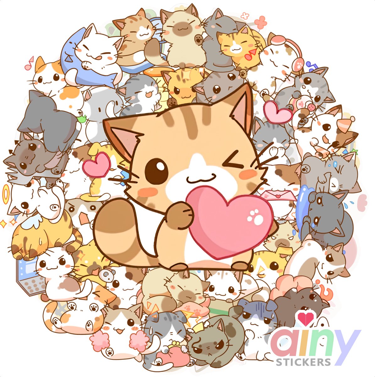 Ainy Kawaii Katten Stickers 45 stuks voor bullet journal, fotoalbum, wenskaarten, laptop, telefoon - ook geschikt als katten geschenksticker, skateboard stickers, graffiti stickers, knutselen stickervellen voor kinderen en volwassenen