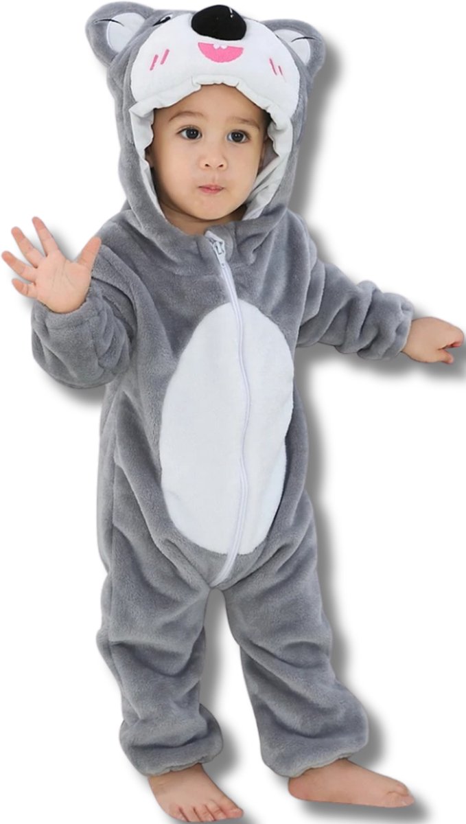Koala Baby Dieren romper Verkleedpak – Peuter CarnavalKostuum – Onesie Kinderen 6 maanden tot 2 jaar – Flanel – Voor Kerstmis, Sinterklaas Cadeau – Jongen & Meisjes - Jumpsuit – Pyjama of Boxpak – Kruippak – Perfect kraamCadeau – Grijs