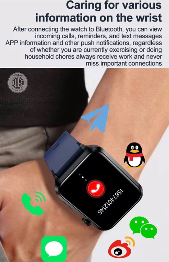 Dichtbij van een pols met een zwarte smartwatch met blauwe band, met pop-up iconen voor oproepen en berichten.