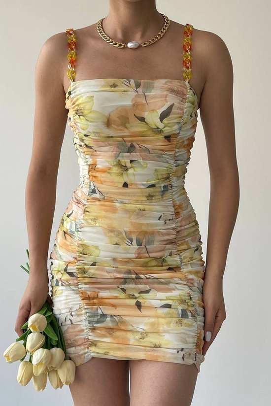 Mini jurk met chain bandjes details | bloemenprint | geel | maat L