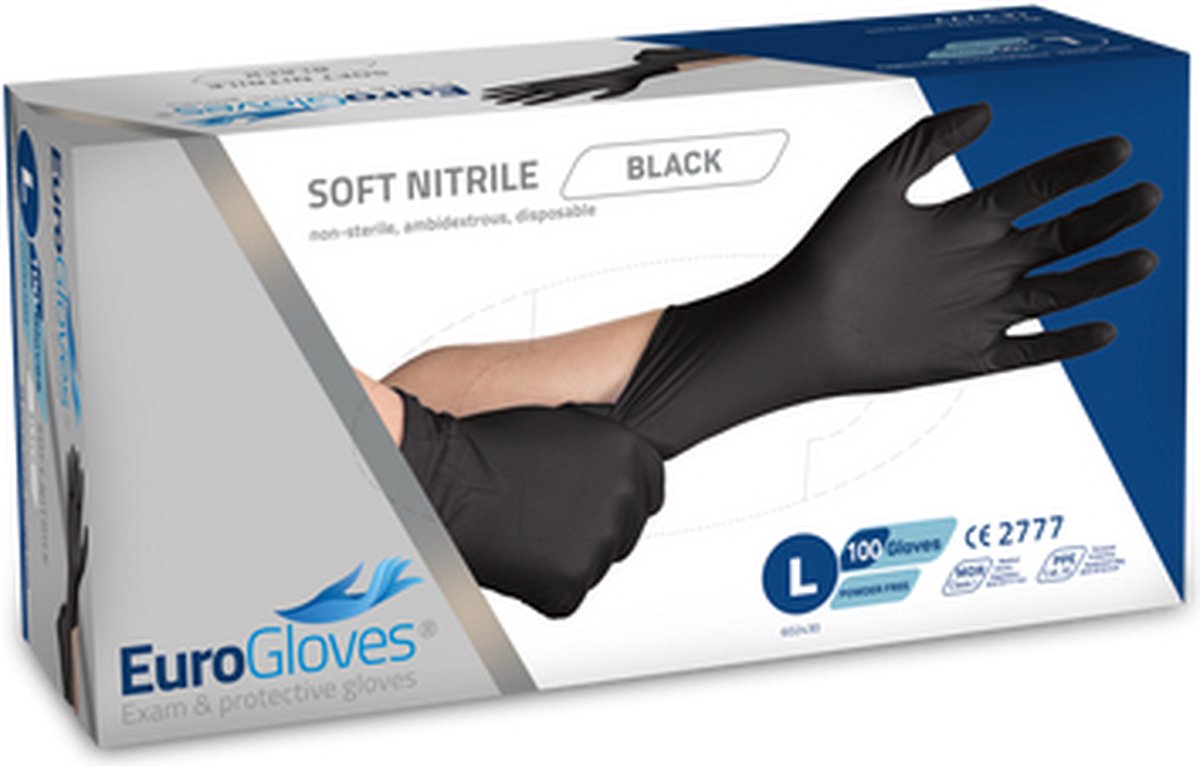 Goedkoopste Eurogloves soft-nitrile handschoenen poedervrij zwart - Large- 7 x 100 stuks voordeelverpakking