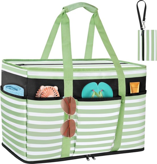 GAGAKU Strandtas XXL familie badtas grote strandtas met ritssluiting strandtas mesh strandtas voor strand reizen - zwart/grijs/groen, XX-Large
