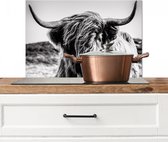 Spatscherm keuken 60x40 cm - Kookplaat achterwand Koe - Schotse hooglander - Zwart - Wit - Dier - Natuur - Wild - Muurbeschermer - Spatwand fornuis - Hoogwaardig aluminium - Alternatief voor spatscherm van glas