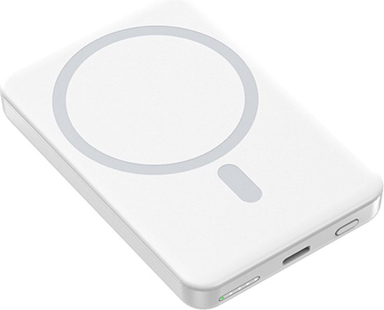 Wit magnetisch powerbank met cirkel en streep.