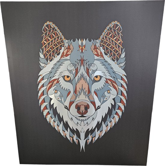 Wall Art "Wolf" geborsteld alu di-bond | 100 x 120 cm | Luxe uitvoering | Met ophanghaken | Dikte: 3 mm | Blinkend effect | Design | Muurdecoratie | Roofdier | Grijze achtergrond