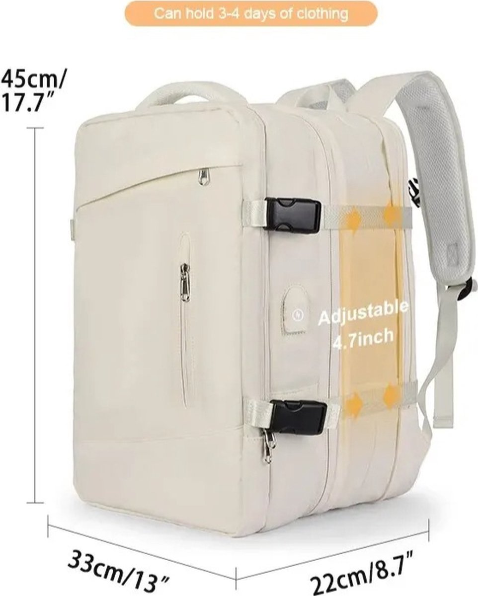 LaVida® Reis Rugzak - 40L - Beige - Met USB-Poort - Waterdicht - Tas - Modern - Laptop - Weekendtas - Handbagage - Backpack