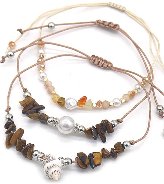 Bracelets - lot de 3 - marron - beige - coquillage - perle - réglable - été - plage - festival
