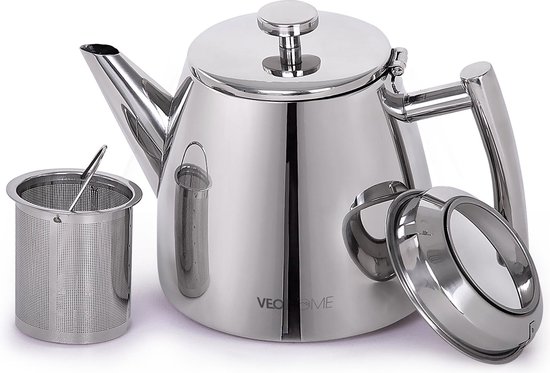 VeoHome Theepot met Infuser 1L - RVS - Dubbelwandig voor Langdurig Warme Thee, Precieze Schenktuit