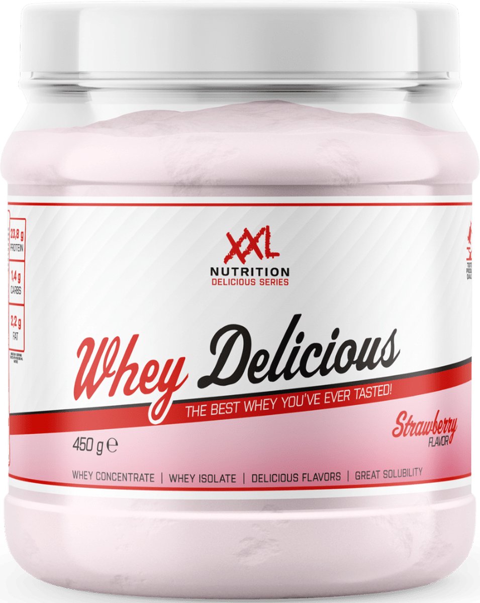 Goedkoopste XXL Nutrition - Whey Delicious - 80 Eiwit - Aardbei - Wei Eiwitpoeder met BCAA & Glutamine, Proteine Poeder, Eiwit shake, Whey Protein - Diverse Smaken - 450 gram (15 shakes
