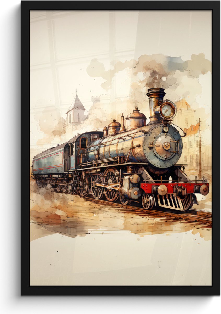 FrameYourWall Poster in lijst - Fotolijst 40x60 cm - Posters - Vintage - Trein - Spoor - Gebouw - Beige - Posterlijst zwart - Decoratie - Wanddecoratie woonkamer - Muurdecoratie slaapkamer Stoomtrein