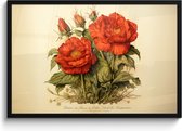 Fotolijst inclusief poster - Posterlijst 90x60 cm - Posters - Vintage - Bloemen - Rozen - Rood - Beige - Foto in lijst decoratie - Wanddecoratie woonkamer - Muurdecoratie slaapkamer