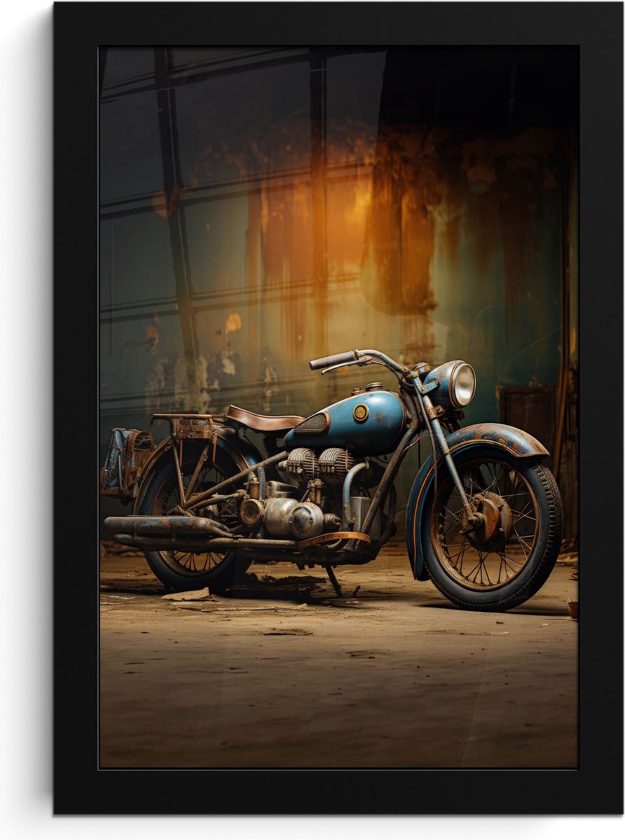 FrameYourWall Poster in lijst - Fotolijst 20x30 cm - Posters - Vintage - Motor - Blauw - Oud - Garage - Posterlijst zwart - Decoratie - Wanddecoratie woonkamer - Muurdecoratie slaapkamer