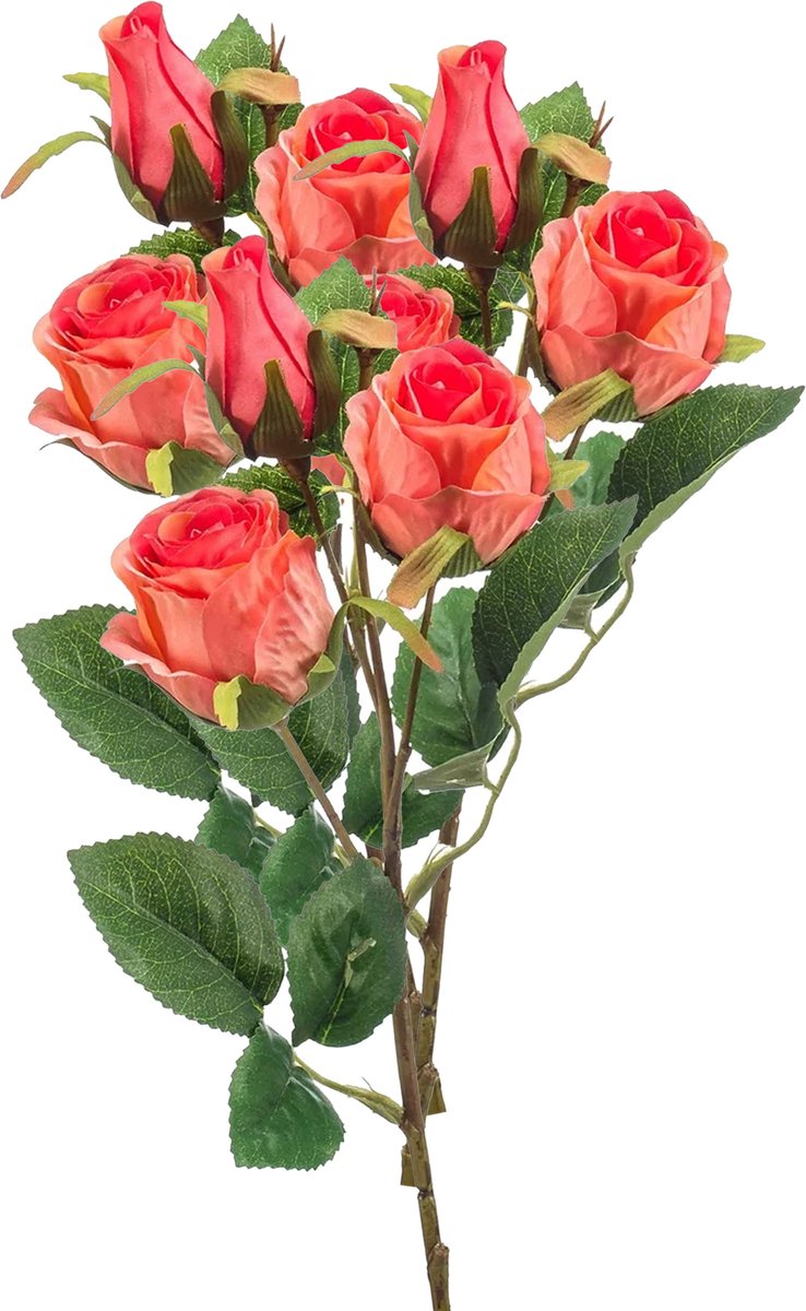 Emerald Kunstbloem Roos tak - 3x - 44 cm - koraal roze - Kunst zijdebloemen Koraalroze