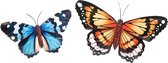 Anna Collection Wanddecoratie vlinders - 2x - oranje/blauw - 34 x 21 cm/45 x 28 - metaal - muurdecoratie/schutting