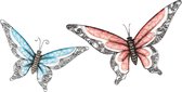 Anna Collection Wanddecoratie vlinders - 2x - blauw/rood - 36 x 21 cm/49 x 28 - metaal - muurdecoratie/schutting