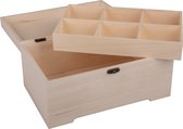 Rayher hobby Houten kistje 2 laags - met sluiting en deksel - 28 x 18 x 13 cm - Sieraden/spulletjes - vakjes boven - kleine kistjes