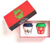 Quy Cup COFFRET CADEAU Snoopy Peanuts Collection « Noël #5 » (lot de 2) - Tasse de Voyage Écologique 90ml - Tasses à Expresso avec couvercle en silicone