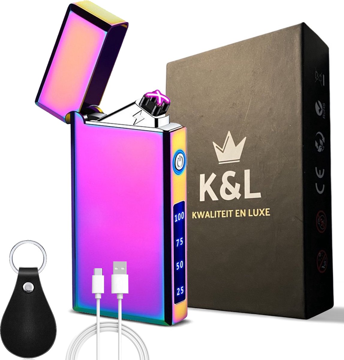 K&L Elektrische Aansteker - USB C oplaadbare Plasma Aansteker - Wind en Storm Bestendig - Metallic Multi Color - Sleutelhanger