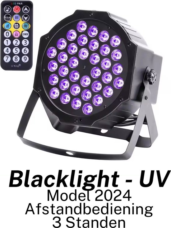 Foto: Glowpro blacklight glow in the dark uv lamp 36 x 3 watt 3 standen led afstandsbediening optie dmx input optie dmx output feestlamp partylamp festival