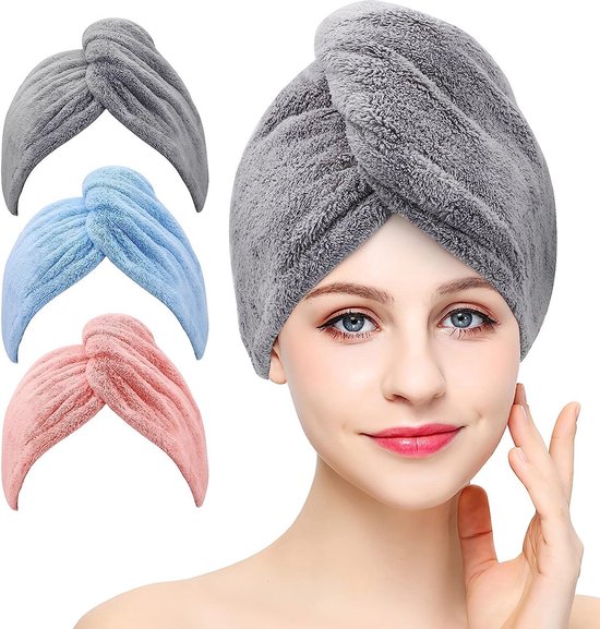 3-pack microvezel haardrooghanddoek, wikkelhanddoek, superabsorberende twist-tulband, sneldrogende haarkappen met knopen en lus, droogkap voor haar, geschikt voor badkamer en kapsalon (Grijs/Roze/Blauw)