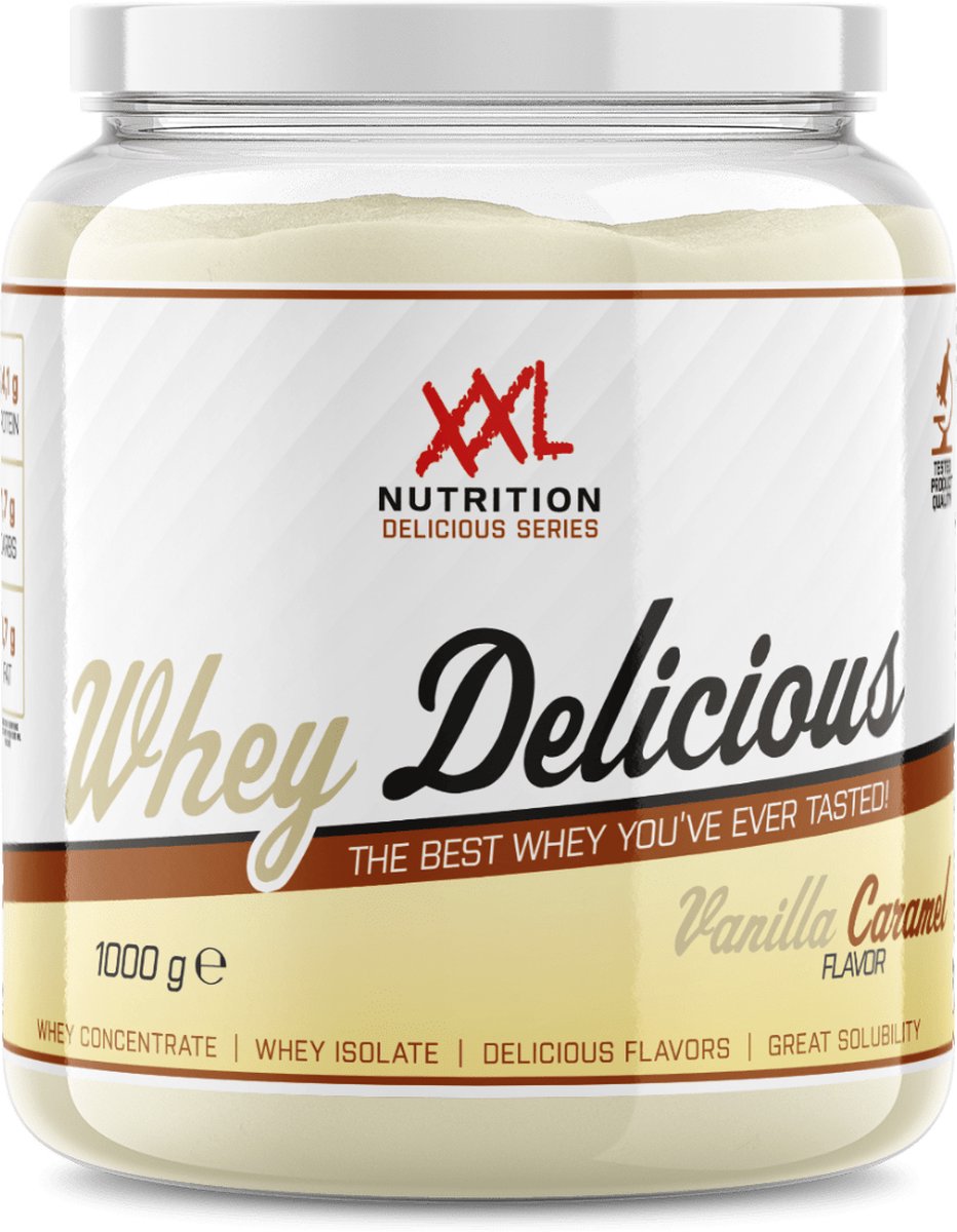 Goedkoopste XXL Nutrition - Whey Delicious - 80 Eiwit - Vanille Caramel - Wei Eiwitpoeder met BCAA & Glutamine, Proteine Poeder, Eiwit shake, Whey Protein - Diverse Smaken - 1000 gram (33 shakes