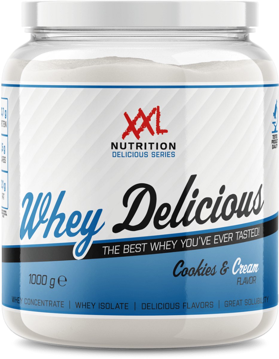 Goedkoopste XXL Nutrition - Whey Delicious - 80 Eiwit - Cookies & Cream - Wei Eiwitpoeder met BCAA & Glutamine, Proteine Poeder, Eiwit shake, Whey Protein - Diverse Smaken - 1000 gram (33 shakes