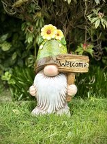 Gnoom met bloempot op hoofd 'Welcome' 40 cm hoog - tuinkabouter - hoogkwalitatieve kunststof - decoratiefiguur - interieur - accessoire - voor binnen en buiten - cadeau - geschenk - tuinfiguur - tuinbeeldje - tuindecoratie