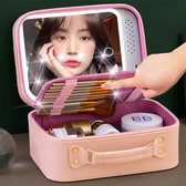 yermin beauty- mini make-up tas- makeup tas met led spiegel- makeup organizer - makeup tas met ingebouwde led spiegel- beautycase - wit-roze