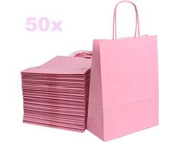 ArtiPack Kraft Papieren Tasjes Met Handvat – Zakjes – 50 Stuks – Lichtroze – 18x8x24 cm – Roze Cadeautasjes A5+