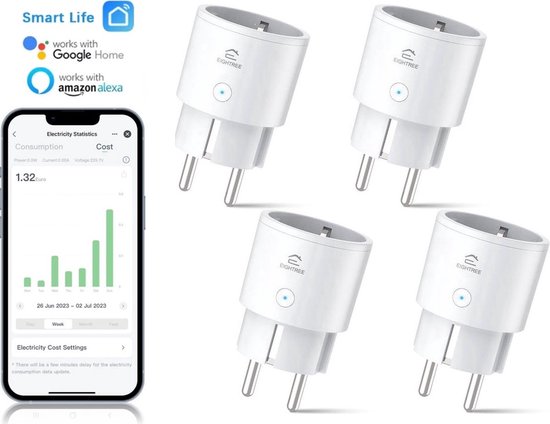 EIGHTREE - Smart Plug - Wifi - 4-delige set - Slimme Stekker - App Bediening - Verbruiksmeter - Energiemeter -Spraakbediening met Alexa & Google Home - ET20-1