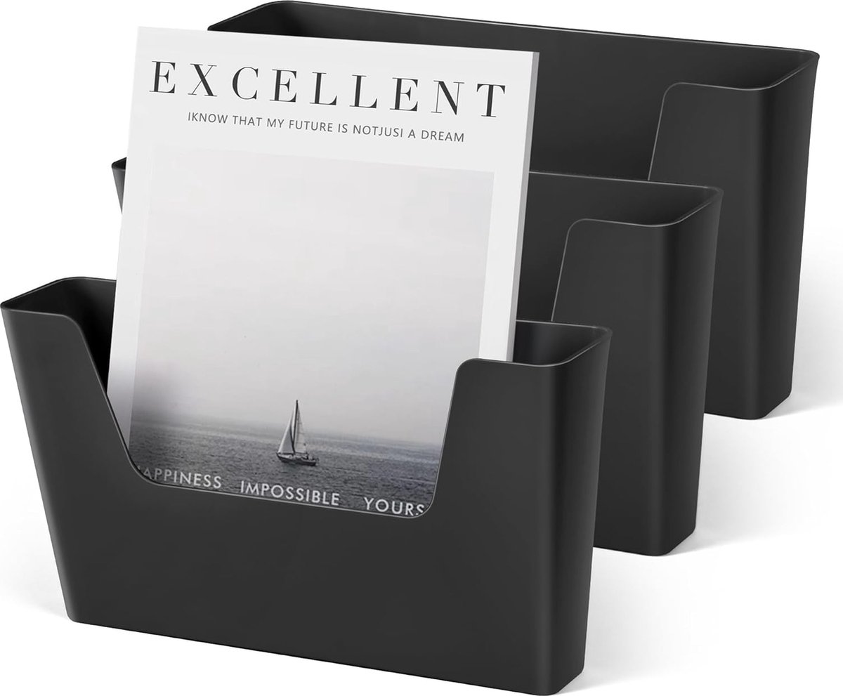 Bastix Black Mail-bestandsmap drie aan de muur gemonteerde organisatoren voor thuis en op kantoor Nachtkastje voor boeken tijdschriften en slaapmaskers (matzwart 3 zakken)