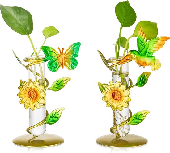 Bastix - Gouden vaas, glazen reageerbuisjes voor bloemen, 2 stuks, creatieve kleine glazen vazen voor tafeldecoratie, bureau, metalen frame, propagatiestation, vazen, decoratie, mini-terrarium,