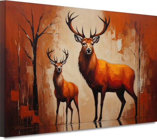 Herten schilderijen - Dieren schilderij - Canvas schilderij Boom - Wanddecoratie klassiek - Schilderijen op canvas - Wanddecoratie slaapkamer 100x75 cm