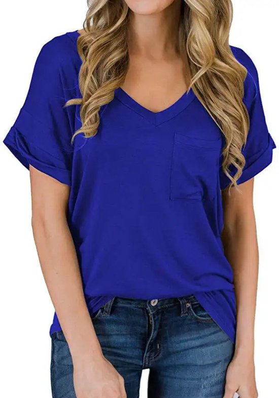 ASTRADAVI Casual Wear - T- Shirts à col en V pour femmes avec poche poitrine - Manches roulées Trendy - Bleu roi / X-Large
