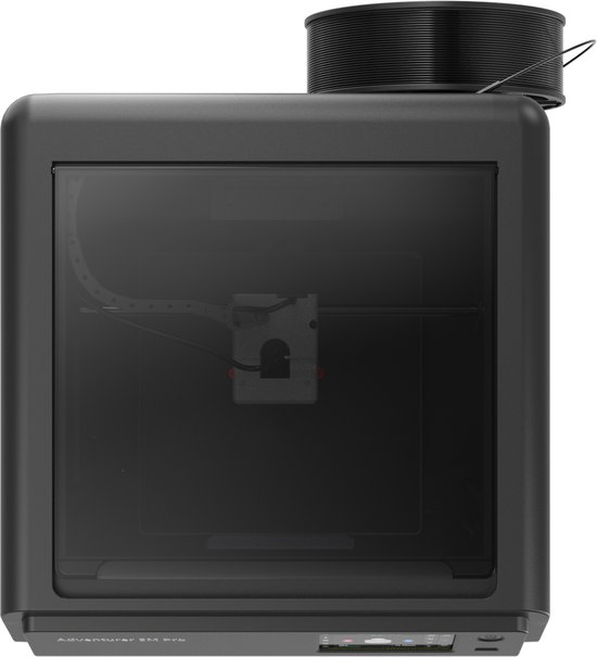Zwart-witte bovenkant van een 3D-printer met een rol zwart filament bovenop.