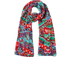 Nouka Groen & Rode Multicolor Dames Sjaal – Unieke Boho Print - Dunne & Lichte Sjaal - Luchtige Shawl – Lente / Zomer – 90 x 180 cm