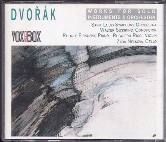 Cd-hoes met abstracte aquarel van grijstinten en blauw, met tekst voor Dvořák, Voxbox en uitvoerende musici.