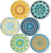 Dinerborden set van 6 - 25 cm grote porseleinen ronde borden - platte kleurrijke patronen - vaatwasser | magnetron | ovenbestendig borden set