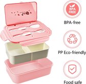 Lunchbox met 3 vakken en vorklepel, 1400 ml, bento, waterdicht, BPA-vrij, lunchbox voor magnetron en vaatwasser, voor volwassenen, kinderen, schoolwerk, roze