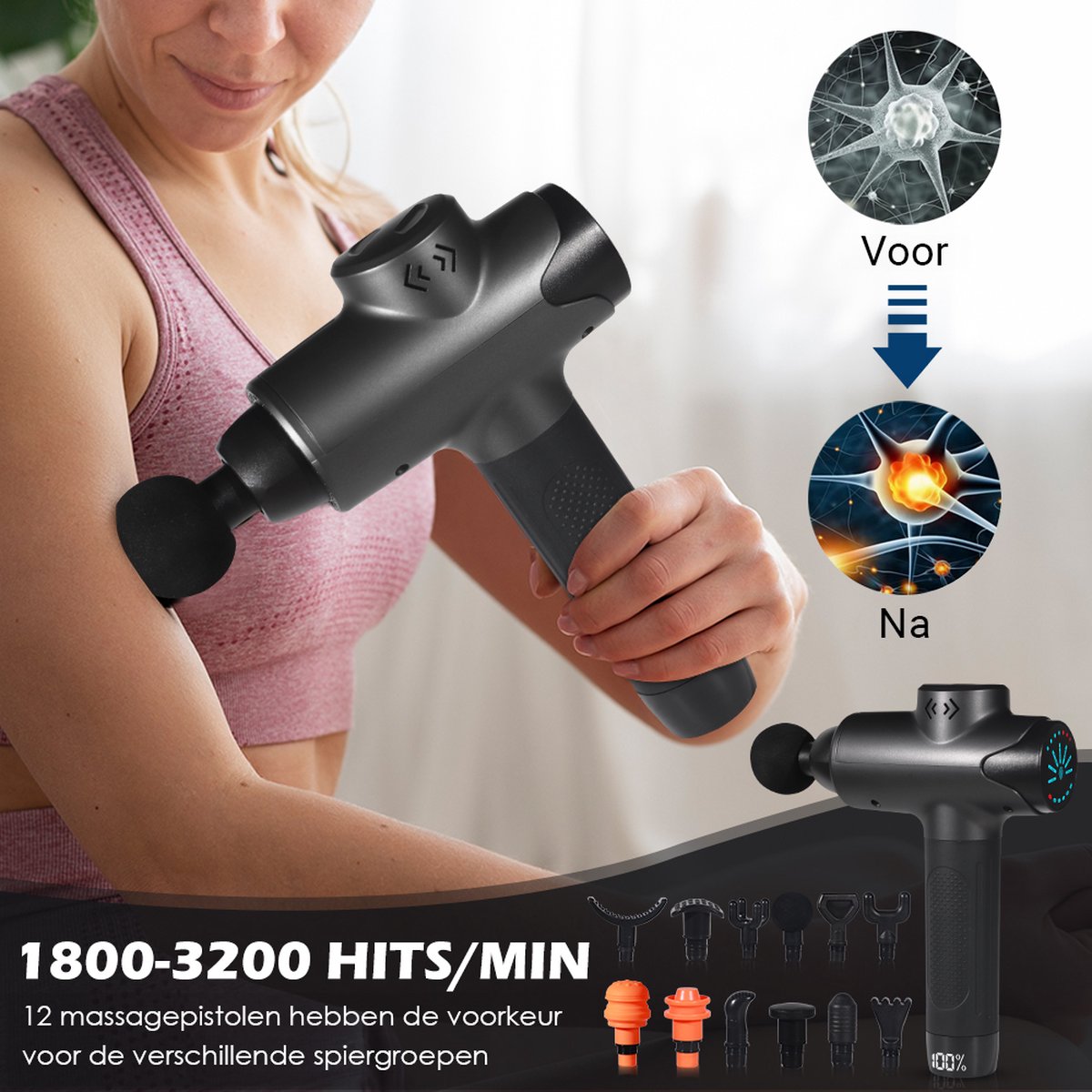 Afbeelding 2 van MelYas Massage Gun - 12 opzetstukken - Massage Pistool - Massage Pistool + Massagebal - Massage Apparaat - Massage - Relax - Sport Massage Apparaat - Massageapparaat - Incl. Massagebal - Massage Gun Professioneel - Sport - Touchscreen