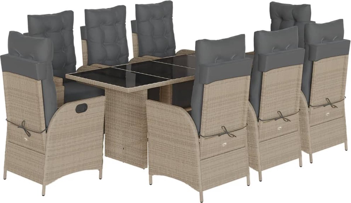 VidaXL 9-delige Tuinset met kussens poly rattan lichtgrijs
